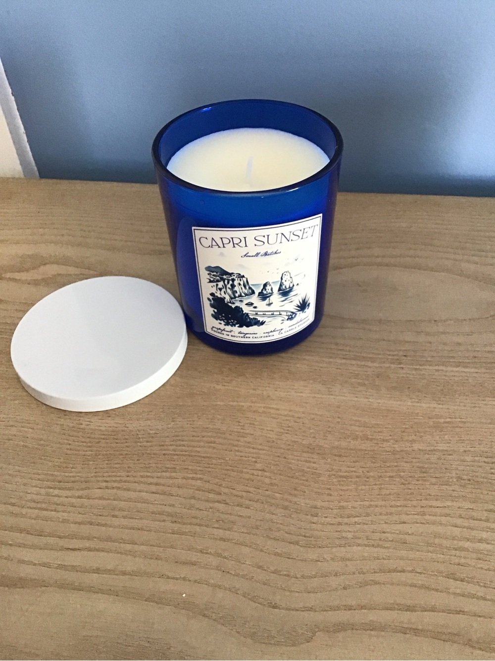 Capri Sunset Tangerine Grapefruit Sandalwood Raspberry Blue Glass Scented Candle